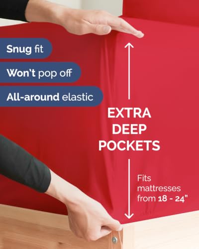 Image of Extra Deep Flex Top Split Head King Fitted Sheet - Hotel Luxury Single Fitted Sheet Only - Easily Fits 18 inch to 24 inch Mattress - Ultra Soft, Wrinkle Free w /Extra Deep Pockets - Red