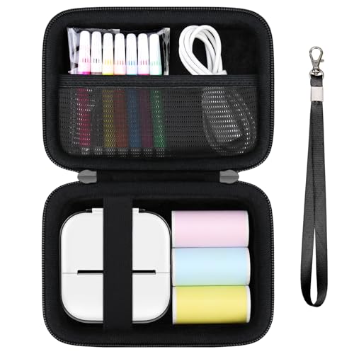 Supmay Funda rígida compatible con Memoking T02 / Ponek T02 / Phomemo T02 Mini Printer Sticker Maker, estuche de almacenamiento con bolsillo de malla para papel adhesivo T02 Mini impresora, cable USB,