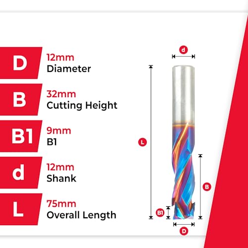 Image of Amana Tool Spektra Extreme Tool Life Coated Solid Carbide CNC Compression Spiral Router Bit, 48324-K, 12mm D x 32mm CH x 12mm Shank x 75mm L 3 Flute
