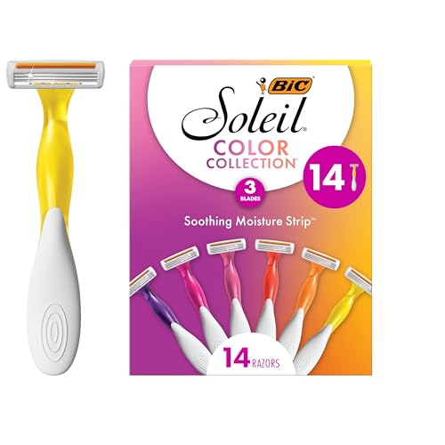 BIC Soleil 3 Colors Women’s Disposable with 3 Blade Razors, Aloe Vera and Vitamin E Lubricating Strip for Enhanced Glide, 14-Pack, Stocking Stuffers for Women