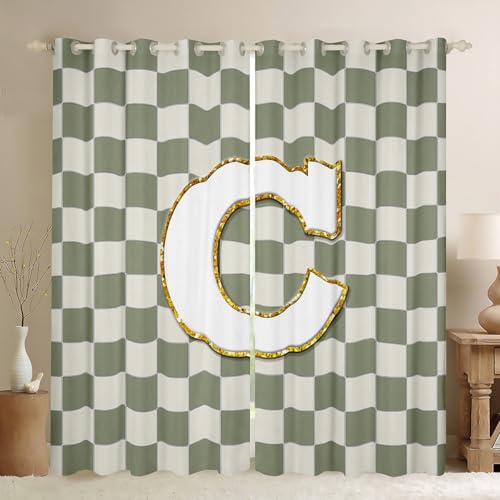 Image of Erosebridal Sage Green Checkered Window Drapes Plaid Initial C Blackout Curtains 52 inch Wx84 L Personalized Monogram Curtains for Bedroom Living Room,Grids Gingham Window Treatments 2 Panels