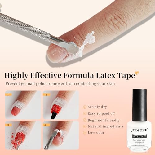Image of JODSONE Gel Nail Polish Remover Kit 2Pcs Gel Remover 1Pc Latex Tape Liquid Professional Soak Off Gel Nail Removal Set for Nail Art Manicure Pedicure at Home Includes Sanding Strips and Steel Pushers
