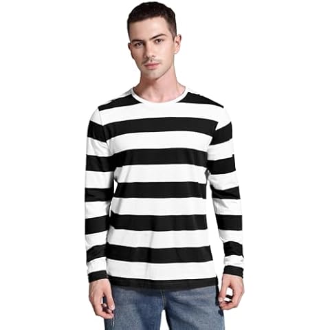 Zbrandy Mens Striped Shirt Wide Stripes Long Sleeve Crew Neck Tees Black and White XXL Cover