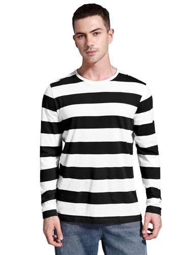 Zbrandy Mens Striped Shirt Wide Stripes Long Sleeve Crew Neck Tees