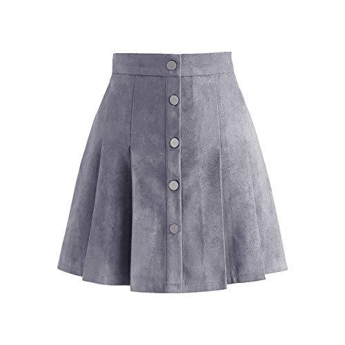 EXLURA Womens Faux Suede High Waist Pleated Short Skirt Elastic Button Front Skater Mini Skirt Dark Grey