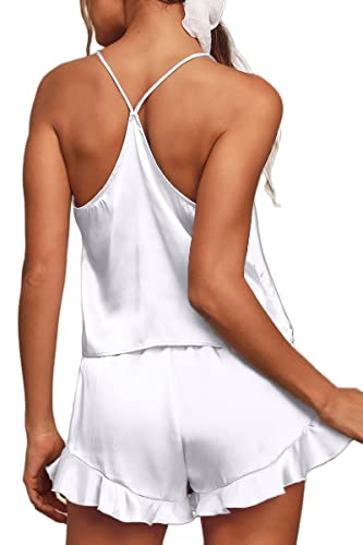 Chyrii Women's Sexy Cami Pajamas Sets Silk 2 Pcs Lounge Sets With Ruffled Shorts Sleepwear White S #TOP1