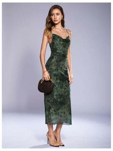 Image of SOLY HUX Women's Floral Mesh Bodycon Cami Dress Cowl Neck Sleeveless Cocktail Party Wedding Guest Long Maxi Dresses