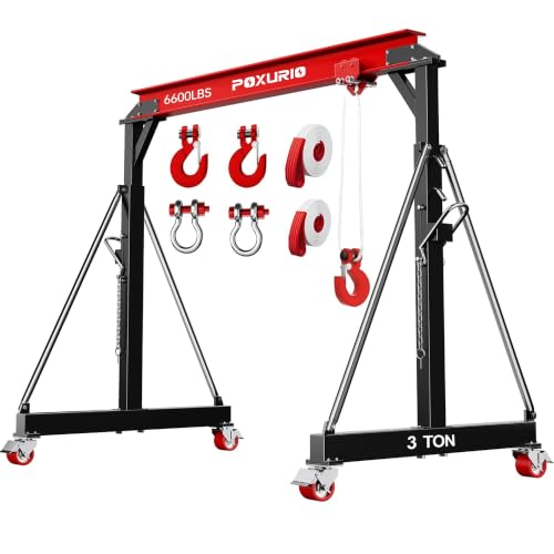 3T Gantry Crane, 6600LBS Adjustable Height 8.53-12.47FT Width 9.06FT, Steel I-Beam Construction with Manual Trolley, Hook & Shackles, Portable Shop Hoist for Garage, Factory, Warehouse, Red