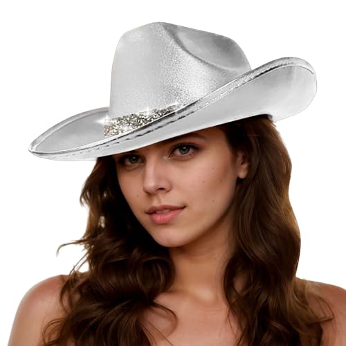 Stage Performance Props Rave Party Casual Style Shiny Cowboy Hat silver One Size
