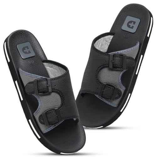 DOCTOR HEALTH SUPER SOFT Men Comfortable Double Strap Slippers with Adjustable Buckles, Cushioned Footbed and Anti Slip Sole, Casual Everyday Wear Sliders for Indoor and Outdoor Use