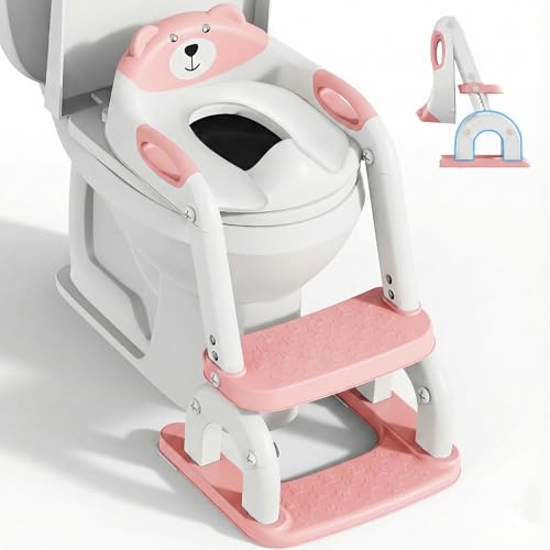 Toilettensitz Kinder mit Treppe, Upgraded WC Aufsatz für Kinder für Jungen und Mädchen, 2-in-1 Toilettentrainer mit Treppe, Höhenverstellbar Bequemer Sicherer Toilettensitze (Rose Drei Treppe)