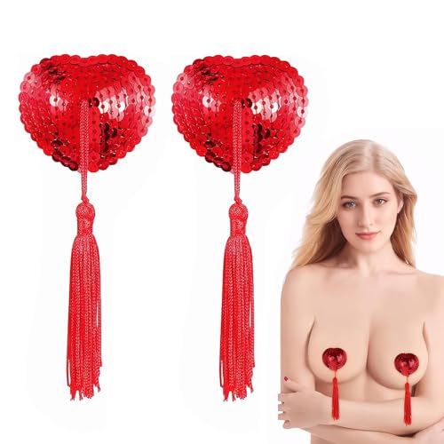 Xinjieda 2 Pairs Red Heart Nipple Tassels Women Reusable Adhesive Covers