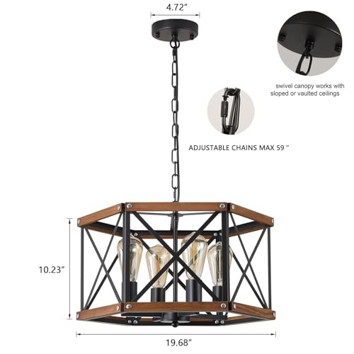 4-Light Large Rustic Farmhouse Wood Pendant Light Fixture with Adjustable Chain, 20 inch Oak Wood and Metal Cage Chandelier for Dining Room Kitchen Island Farmhouse Living Room Entry, Black by RKUCSR - Used condition - Image 4