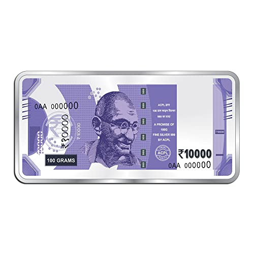 Image of ACPL Precious Moments BIS Hallmarked 100 Gram Silver Currency Bar Rs.10000 999 Pure