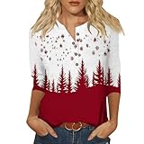 Weihnachts Oberteil Damen, Viskose Shirt Damen 3/4 Arm, Plus Size Weihnachts Bluse 3/4-Ärmel Henley-Kragen Knopfleiste Vintage Festtagsdruck Bequeme Alltagskleidung Weiß L