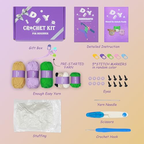Auoinge Crochet Kit for Beginners Kids, Learn to Crochet Starter Kit with Step-by-Step Video Tutorials, Amigurumi Beginner Crochet Kit for Adults, Knitting Kit Family - Octopus Cow Frog (3Pack) …