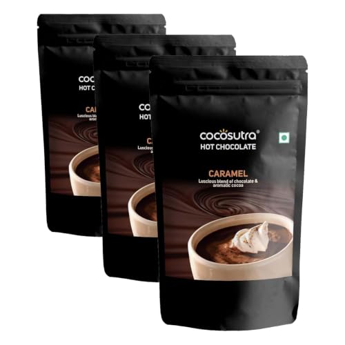Image of COCOSUTRA Caramel Hot Chocolate Mix | Enjoy hot or cold | 500 g | Gluten Free Drinking Chocolate Powder | No Preservatives | Ready in 2 Minutes | Serves 25 Cups (Pack of 3)