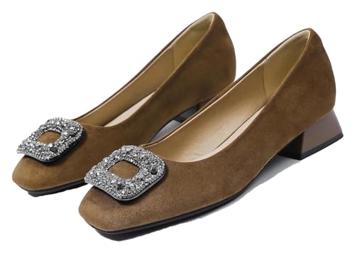 Women's Suede Rhinestone Low Heel Pumps Jeweled Square Toe Chunky Low Heel Closed Toe Dress Work Office Shoes Casual Slip On Slip On Evening Shoes