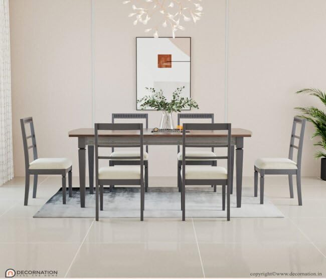Image of DecorNation Valencia Solid Wooden 6 Seater Dining Table Set with Chairs | Large Rectangular Dining Table | Ergonomic Backrest Chairs | Modern Dining Furniture for Home