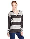Colour Works Women's Merino Stripe V-Neck Sweater, Charcoal/Light Grey, Medium