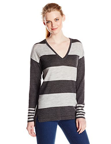 Colour Works Women's Merino Stripe V-Neck Sweater, Charcoal/Light Grey, Medium