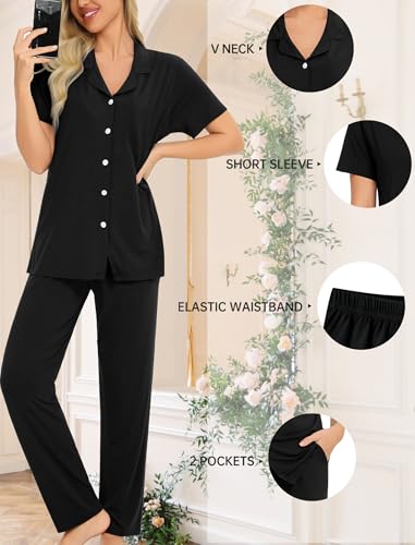 Image of SWOMOG Women Pajama Sets Two-Piece Nightwear Short Sleeve Sleepwear Button Down Pj Lounge Sets with Long Pants