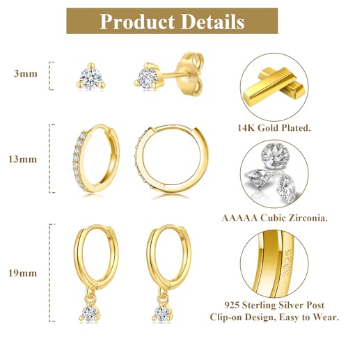 Bsoepnr 3 Pairs Gold Hoop Earrings Set for Multiple Piercings, 14K Gold Plated Dainty Stud Trendy Small Dangle Cartilage Huggie Hoop Earrings for Women2