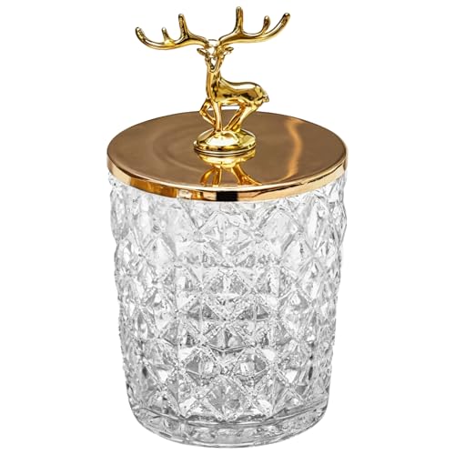 Homaisson Glass Jar with Metal Lid, Bathroom Glass Storage Container with Golden Antler Design, Non-Slip Diamond Pattern, Elegant Decor