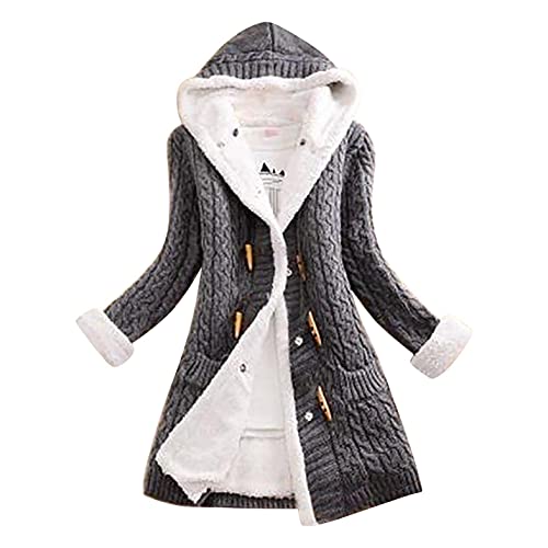 CHENGY Strickjacke Damen Cardigan Grobstrick mit Kapuze Zopfmuster gefüttert grau Outwear Langarm für Herbst Winter Gestrickt Winterjacke warm Cover