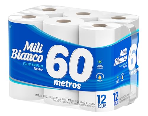 Mili Bianco Papel Higiênico 60m Folha Simples Neutro - 12 rolos