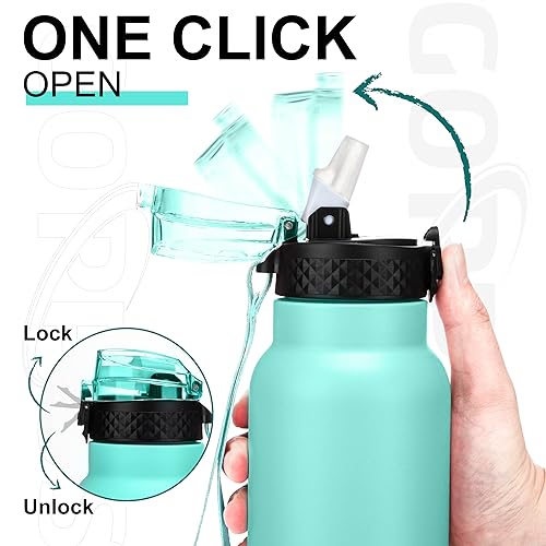 GOPPUS 750ml/26oz Stainless Water Bottle with Straw Double Wall Insulated Bottles with Strap Reusable Vacuum Thermal Flask Leakproof Keep Cold Drinks Bottles with Flip Top Lid for Men Women BPA Free - Image 2