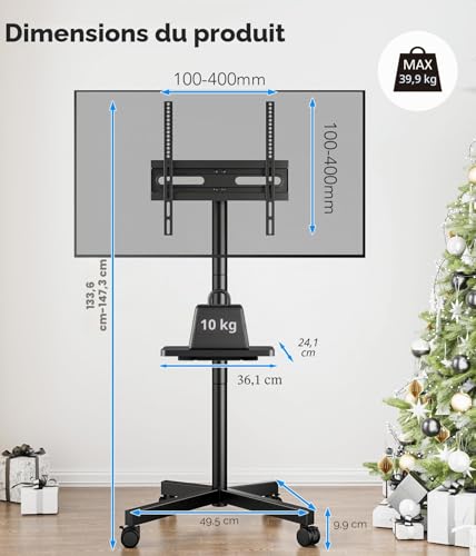 Support TV au Sol Meuble TV Mobile pour téléviseur Plat et incurvé de 23 à 60 Pouces, jusqu'à 40 kg, Hauteur réglable, pivotant, VESA Max. 400 x 400 mm 2 Étagères – vue 8