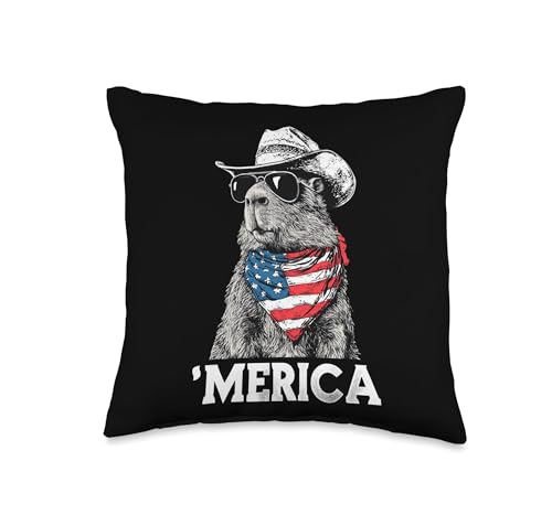 Capybara Sunglasses American Flag Bandana Cowboy Hat Country Throw Pillow