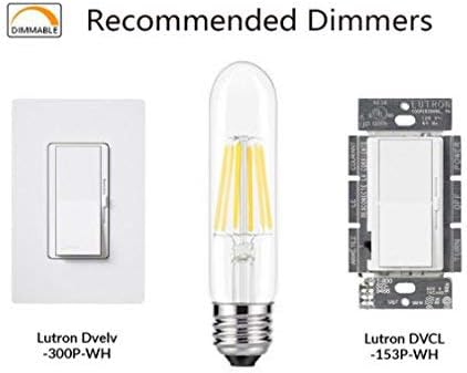 6PACK LED Filament Bulb Tubular Light Bulb T10 3W, E26 Base, Clear Warm White 2700K, LED Edison Bulb 30W Equivalent, 110-120VAC, Dimmable