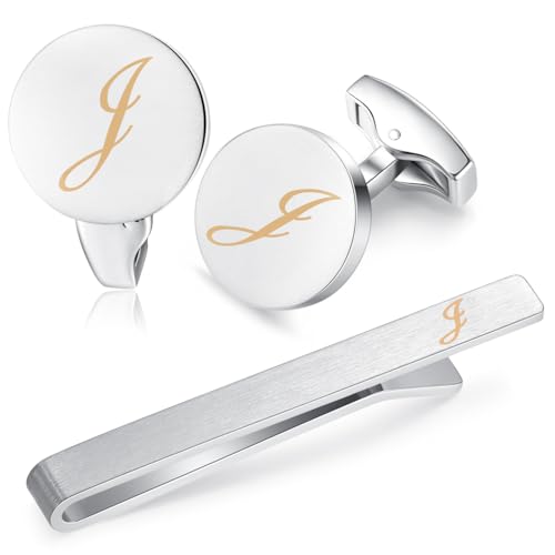 HONEY BEAR Carta Inicial Alfabeto Gemelos & Clip Pasador de Corbata Pisacorbatas para la Camisa de los Hombres Regalo de Boda del Negocio Plata (J engrosar)