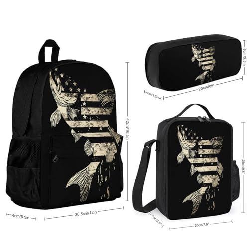 U.S.A Flag Bass Fish Camouflage Backpack 3 Set with Lunch Bag Insulated Shoulder Meal Tote Bags Pencil Case Box Casual Daypack2