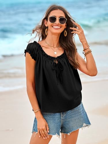 Image of Tankaneo Women Summer Tie Front Tank Tops Cap Sleeve Pleated Babydoll Tops Casual Loose Fit Going Out Flowy Shirt