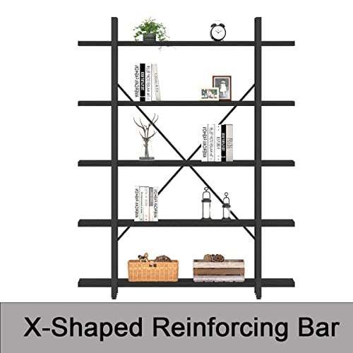 Hsh 5 Tier Tall Black Bookshelf, Wood And Metal Storage Book Rack, Industrial Modern Etagere 5 Shelf Bookcase, Large Wide Open Display Book Shelf For Bedroom Living Room Office, Bookshelves Heavy Duty #TOP3