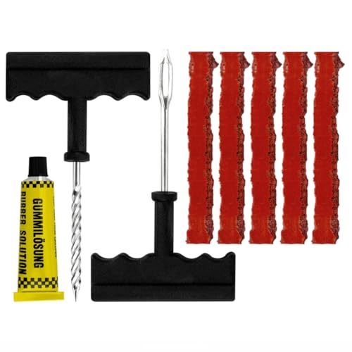 PARENCE.- Kit de Réparation de Pneu Tubeless - 5 Mèches 100 mm + Colle 10 ml + Fraise & Poinçon avec Poignée en T - Kit Crevaison Moto, Voiture, Quad, Vélo