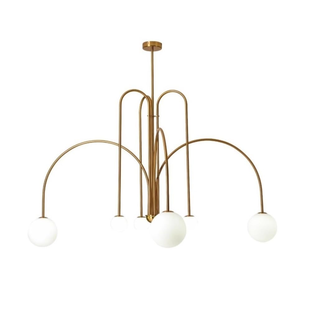 Suspension verre blanc 6 têtes à hauteur variable pour un éclairage de salon sur mesure