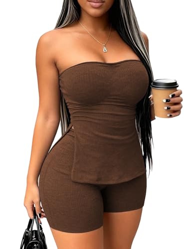 Ulovmi 2 Piece Outfits for Women Summer Side Split Strapless Tube Top Fitted Shorts Set Sexy Casual Matching Sets Brown L