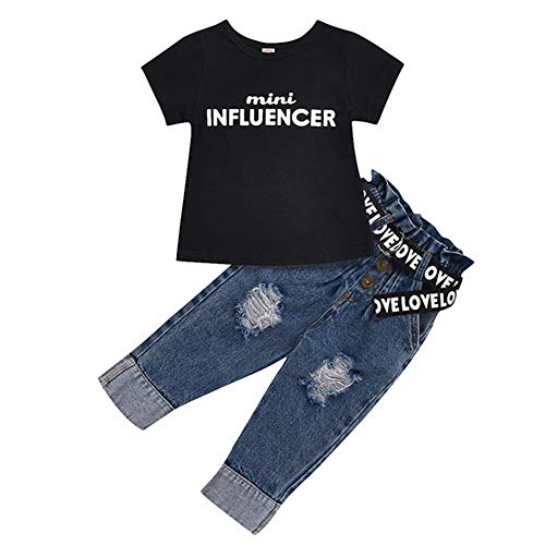 Toddler Baby Girls Summer Clothes Set Short Sleeve T-Shirt Tops and Ripped Jeans Pants Outfits (2-Black-T, 12-24Months)