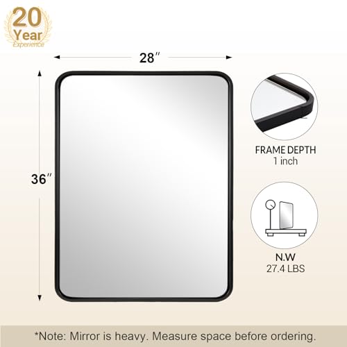 Image of ANDY STAR 28x36 INCH Black Bathroom Mirror, Black Bathroom Vanity Mirrors for Wall, Rounded Rectangle Mirror for Bathroom, Tube Metal Frame, 1'' Deep Wall Mounted Vertical /Horizontal