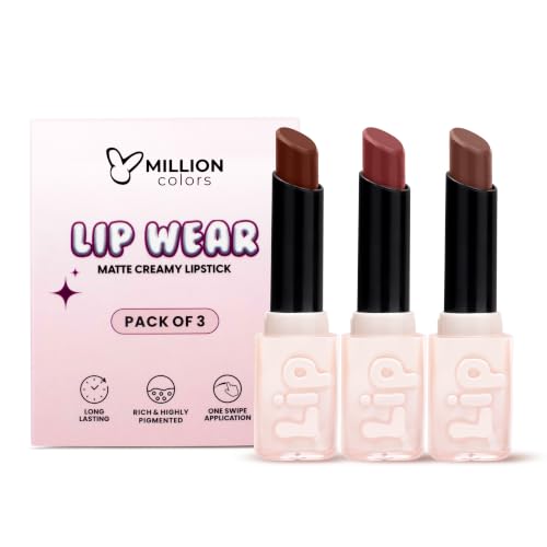 Image of Million Colors Lip Wear Creamy Matte Hydrating Lipstick Infused With Argan Oil, Shea Butter , Papaya Seed and Vitamin E| Highly Pigmented, Smudge-Proof and Creamy Matte Finish (The Latte Collection, Pack of 3)