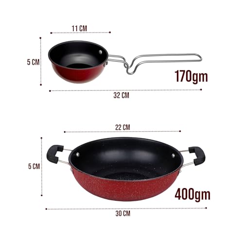 Image of DOZY Premium Nonstick KADHAI 1.5 LTR. Capacity /TADKA PAN 0.5 Capacity Combo red & Black(Iron, Induction Bottom)