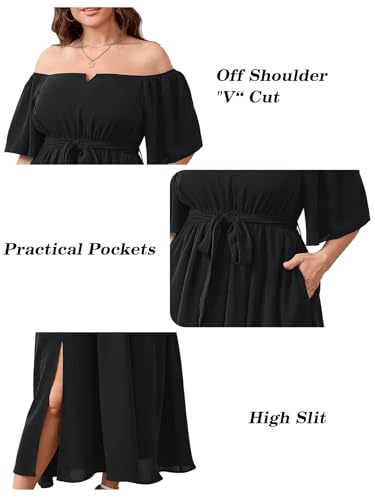 SCOMCHIC Womens Plus Size Formal Dresses Off The Shoulder Wedding Guest Cocktail A-Line Split Maxi Dress with Pockets3