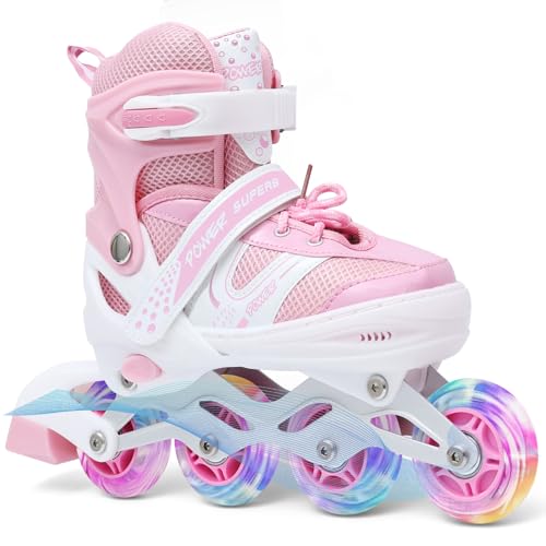KDJ Adjustable Inline Skates for Kids Age 3-6 6-12 12-14, Beginner with Full Light Up Wheels Roller Skates for Boys & Girls (Pink,S)