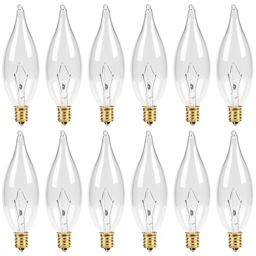 CYLYT 12-Pack E12 Candelabra Light Bulbs 40W Warm White 2500K 380 Lumen Dimmable Chandelier Light Bulb for Ceiling Fan CA10 Gold Base for Candle Bulbs Clear Glass