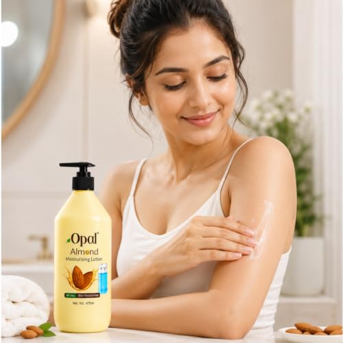 Image of OPAL Almond Moisturising Body Lotion, 475ml | Deep Moisture Body Lotion for Dry Skin | Fast Absorbing Non-Greasy Moisturizer for Women & Men | Daily Use Body Lotions for All Skin Types Summer & Winter