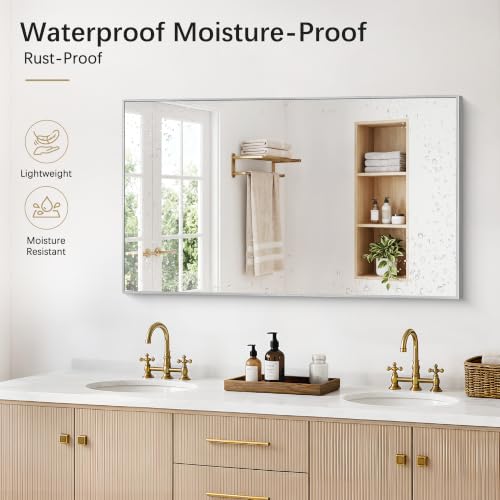 Image of DESBING 30 inch x 50 inch Bathroom Mirror, Silver Metal Frame Wall Mirror | HD Image,Shatterproof Decorative Rectangular Vanity Mirror for Bedroom Bathroom Living Room Entryway Horizontal or Vertical